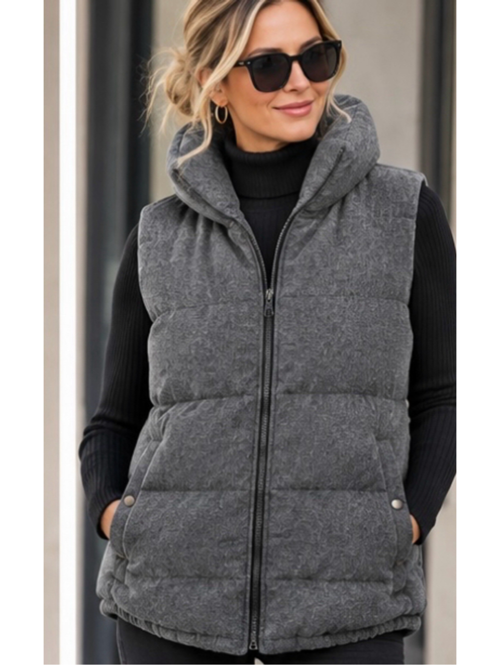 Old Navy Charcoal Gray Quilted woman’s Puffer Vest - Sleeveless Zip Front 1728